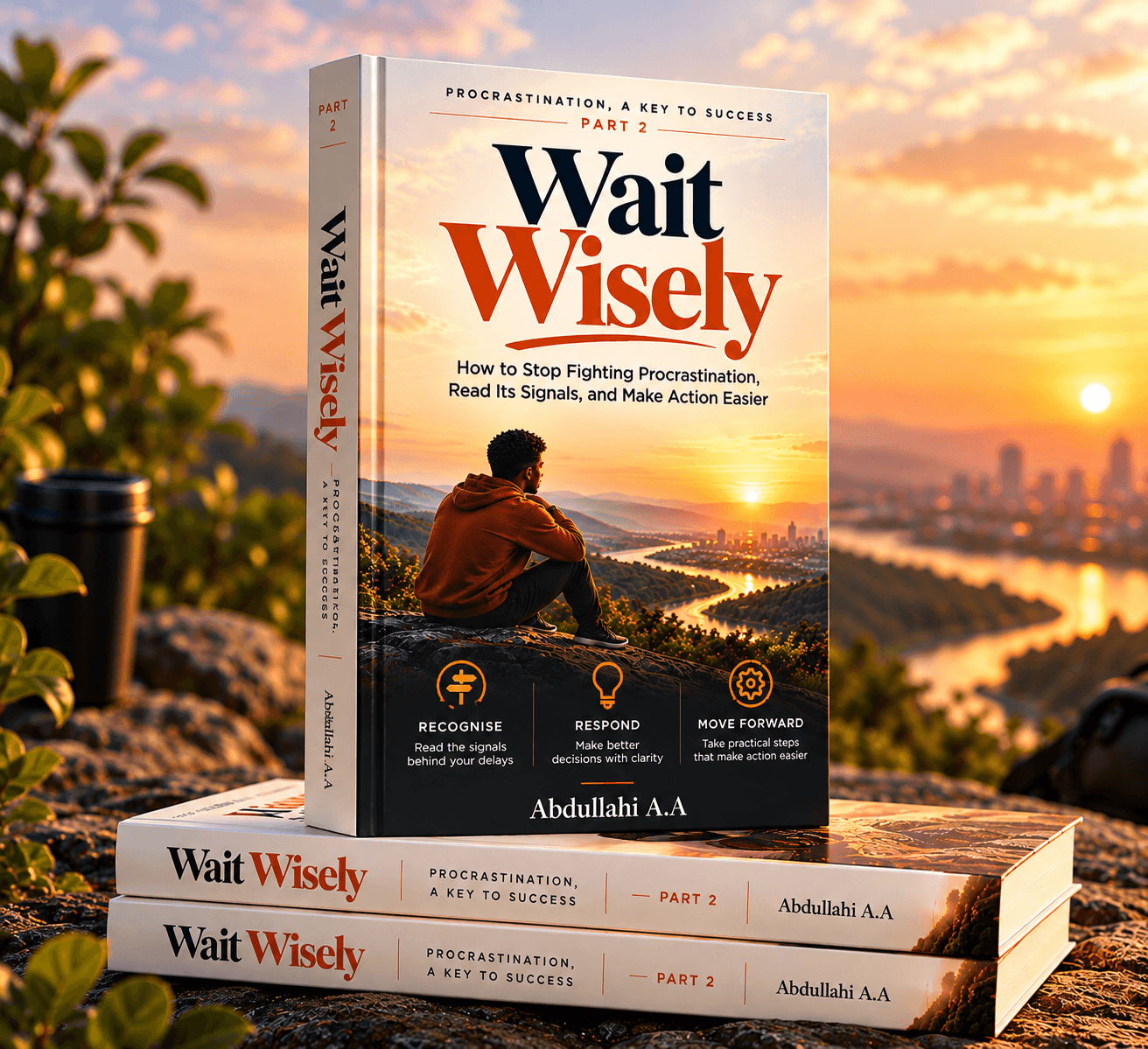 Illustrative mockup of Wait Wisely, Part 2, standing on two copies of the book at sunset.